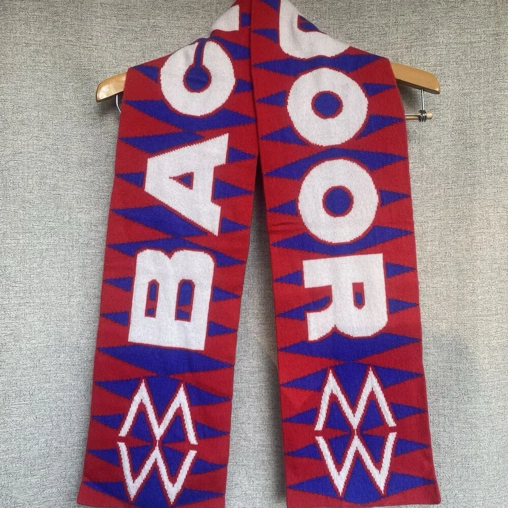 Cashmere Soccer Style Scarf Backdoor Red Blue Graphic Knit Designer Wong 8x60